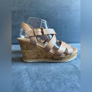 Unisa Wedge Sandals Women’s SZ 9M Cork Espadrille Nude Adjustable Strap Summer